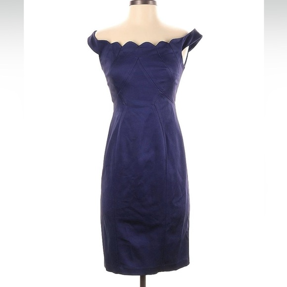 NWT Daniella Scalloped Ocean Floor Navy Off Shoulder Cocktail Sheath Dress - Picture 11 of 12